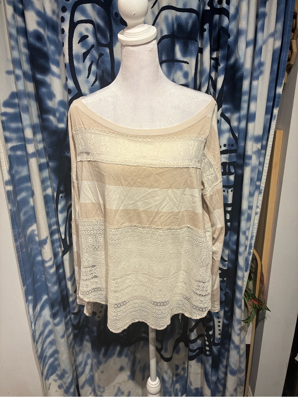 We The Free Cream Striped Lace-Panel Boatneck Top